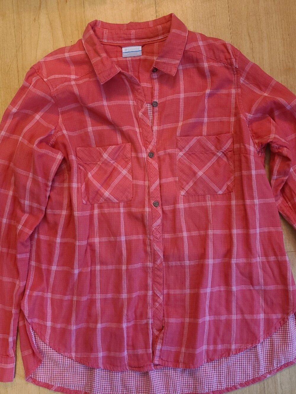 Columbia Womens Shirt Size XL Coral Pink Plaid Long Sleeve Button Front Hiking